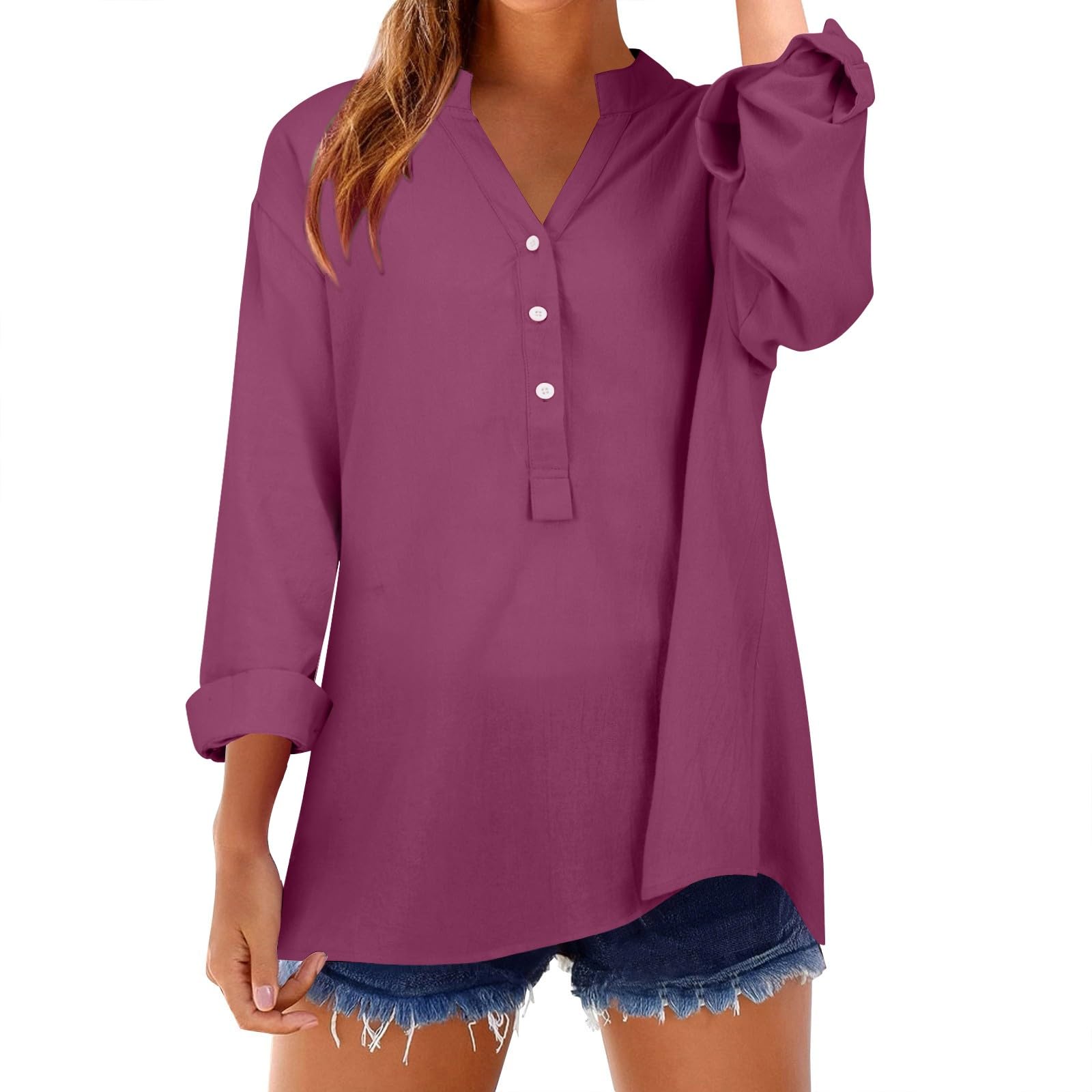 Womens Tops V Neck Long Sleeve T Basic Solid Linen Blouses UK Loose Fit Button Down T Shirts Laple Collared Shirts for Women Office & Formal Wear Casual Work Out Top Plus Size Wine, XL