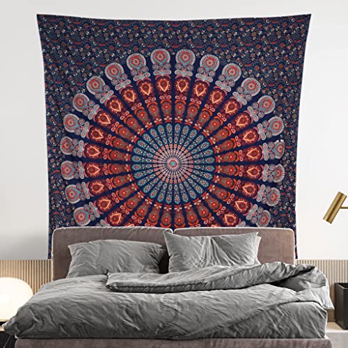 Indian Hippie Bohemian Psychedelic Golden Blue Peacock Mandala Wall Hanging Bedding Tapestry (Golden Blue White, King (88X104Inches)(225X265Cms)) #TOP1