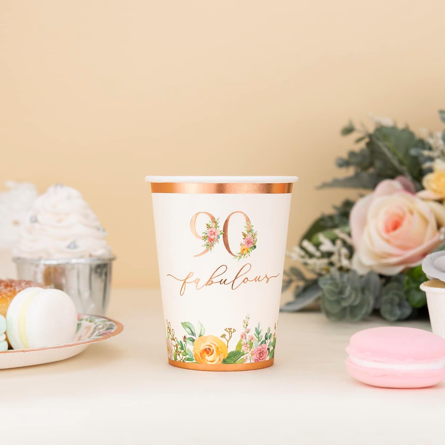 Crisky 90th Birthday Napkins and Plates for Women Rose Gold Floral Party Decoration, 90 and Fabulous Plates and Napkins for Women 90th Birthday.