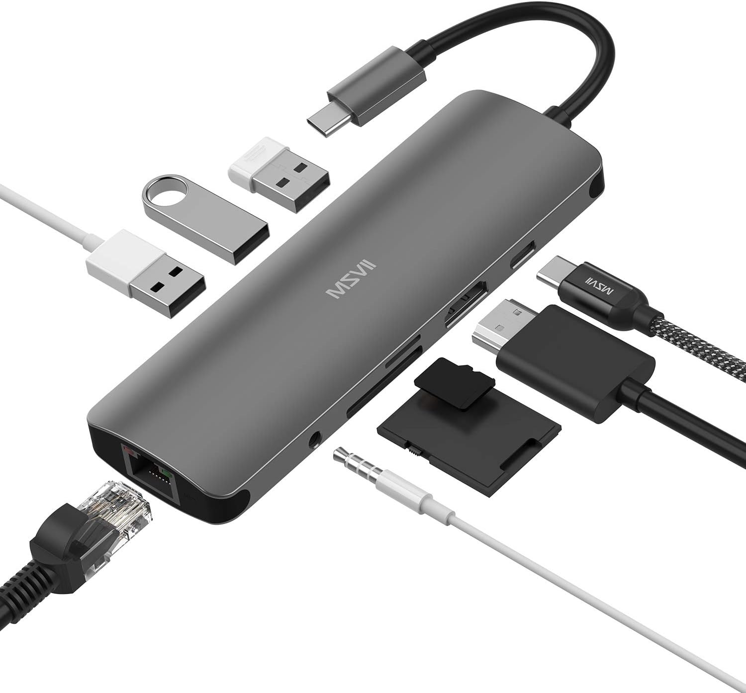 MSVII USB C Hub, 9 in 1 USB Type C Adapter with Ethernet, 4K USB C to HDMI, 3 USB 3.0 Ports, SD/TF Card Reader, 3.5mm Audio Jack, PD Fast Charging for Mac Book Pro and Other Type-C Laptops