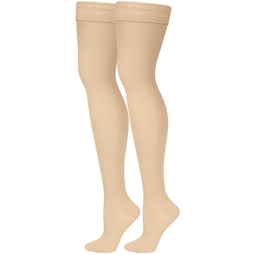 Miniatura 4 de Truform Medias de compresión transparentes, 30-40 mmHg, longitud alta hasta el muslo para mujer, 30 denier, desnudo, L