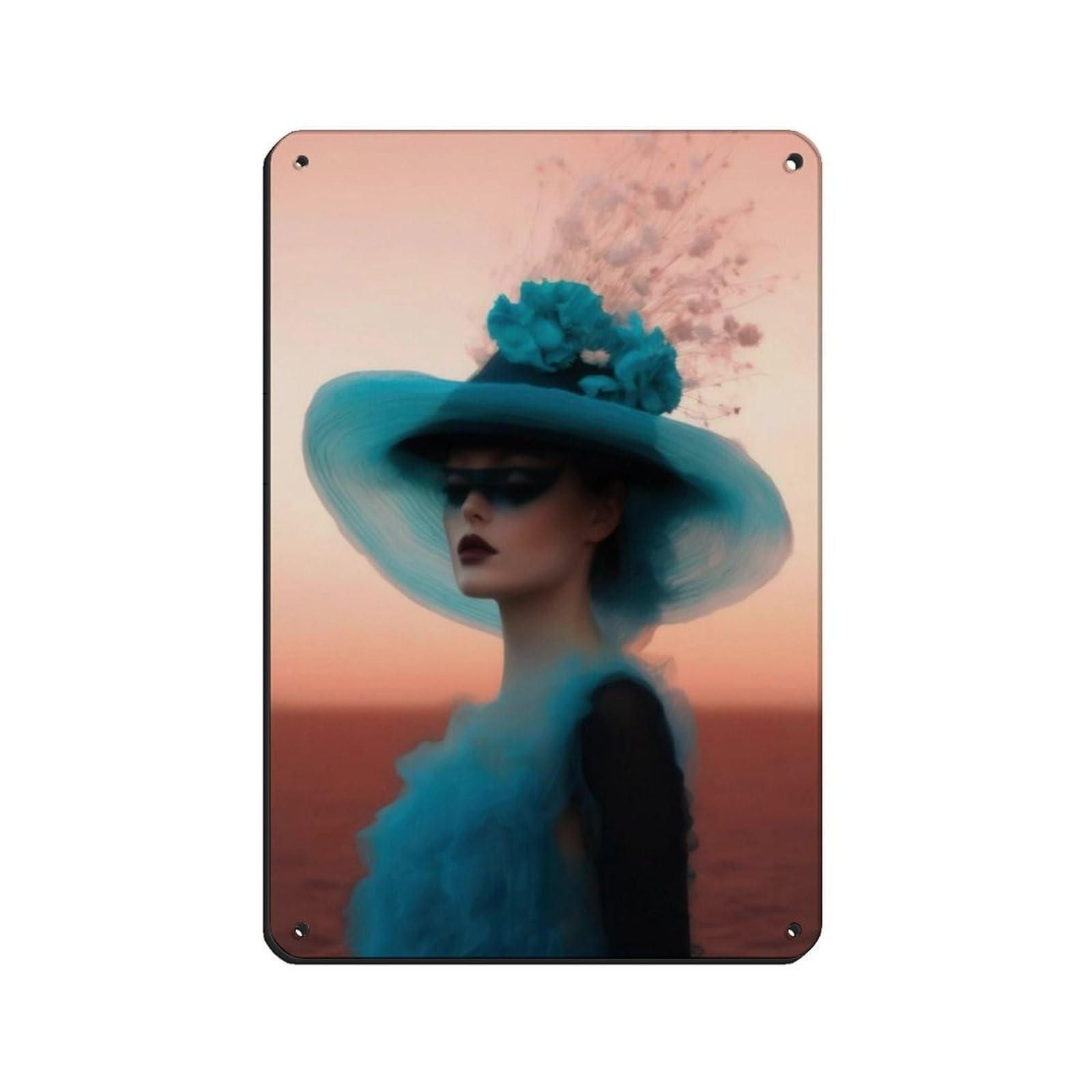 Elegant Lady in Blue Hat Portrait Poster Tin Sign Vintage Metal Pub Club Cafe Bar Home Wall Art Decoration Poster Retro 8x12inch(20x30cm)