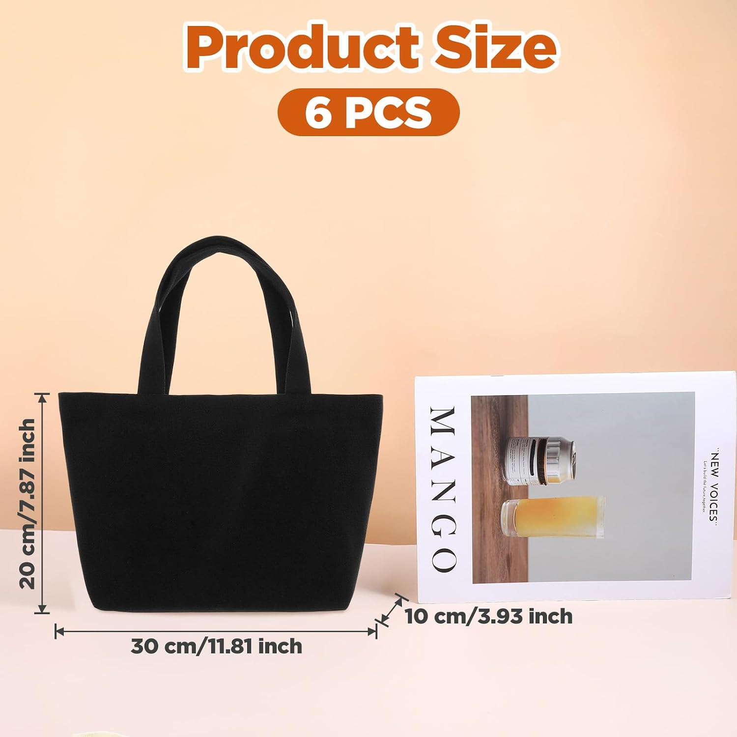 6 Pack Black Canvas Tote Bags 12×8×4 Inch Reusable Mini Shopping Bags with Handles Tote Bag canvas for DIY Grocery Beach Travel Gift