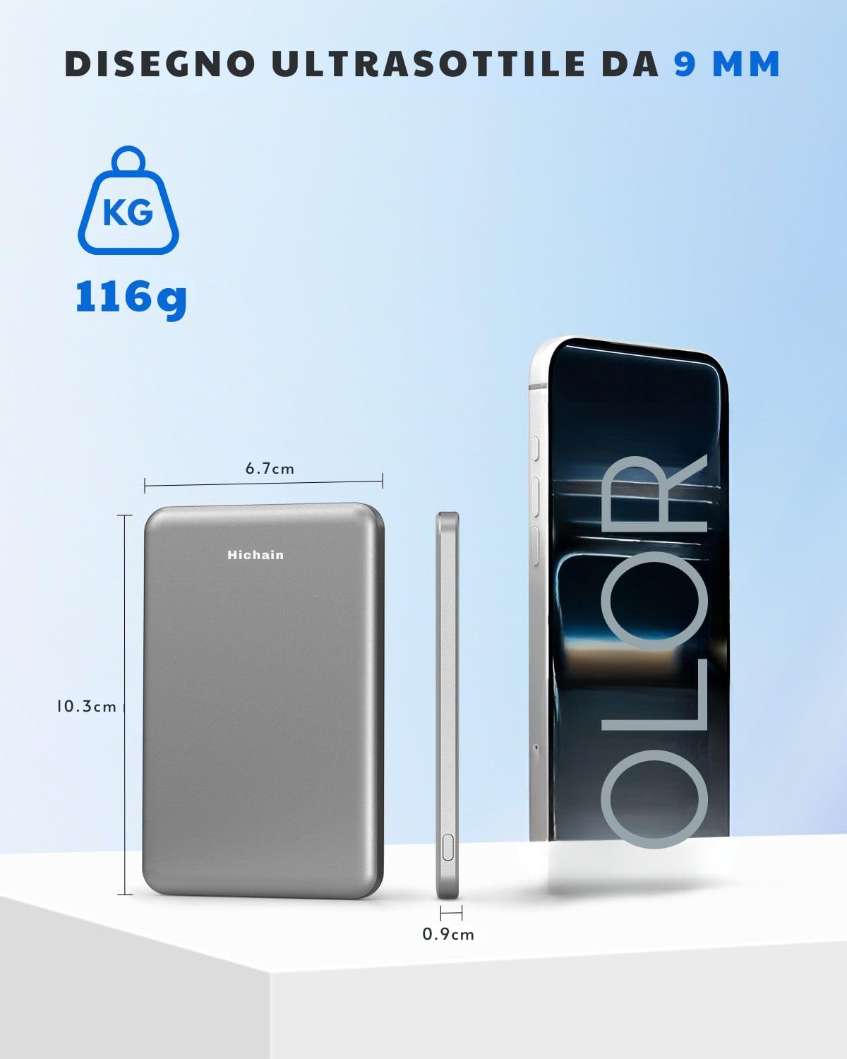 Hichain Power Bank Magnetico,5000mAh Ultra Sottile, Caricatore Wireless Portatile per iPhone con Porta USB-C, Ricarica Rapida PD 22.5W per Serie iPhone 17/16/15/14/13/14/Mini/Pro/Pro Max