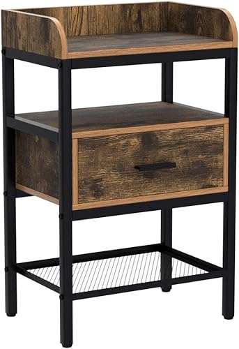 Miniatura 17 de Juego de 2 mesitas de noche, mesa auxiliar de 3 niveles con cajón y estante de almacenamiento, mesita de noche industrial con patas ajustables,