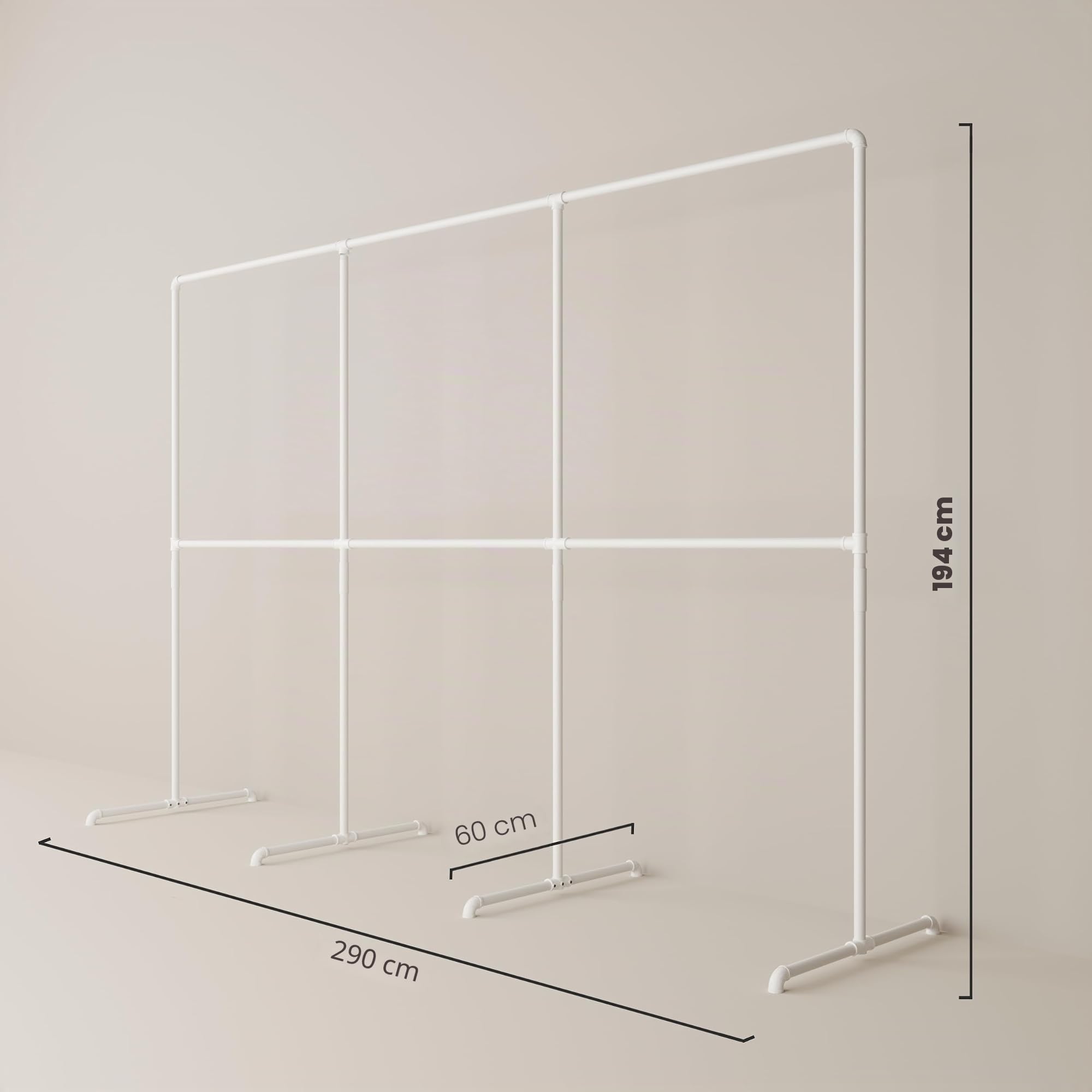 pamo Portant Vêtements Blanc Autoportant – 290 x 194 cm | Charge 100 kg | Penderie Ouverte Industrielle Métal Dressing Ouvert Design Blanc Mat pour Chambre, Entrée & Dressing