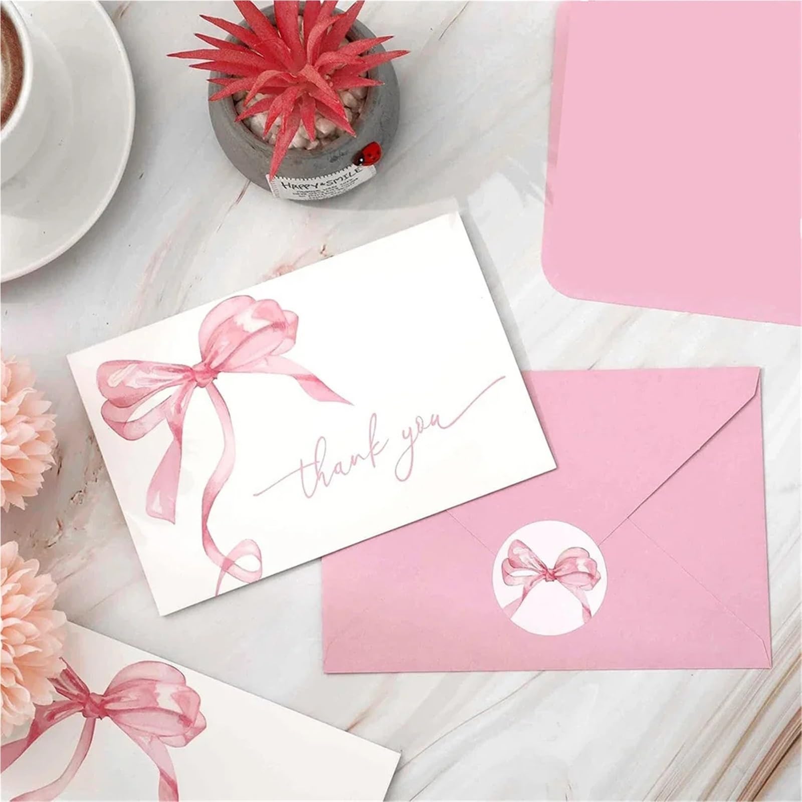 5set/50pcs Pink Bow Thank You Cards,Wedding Greeting With Envelopes,Birthday Party Invitation Card pour Mariage