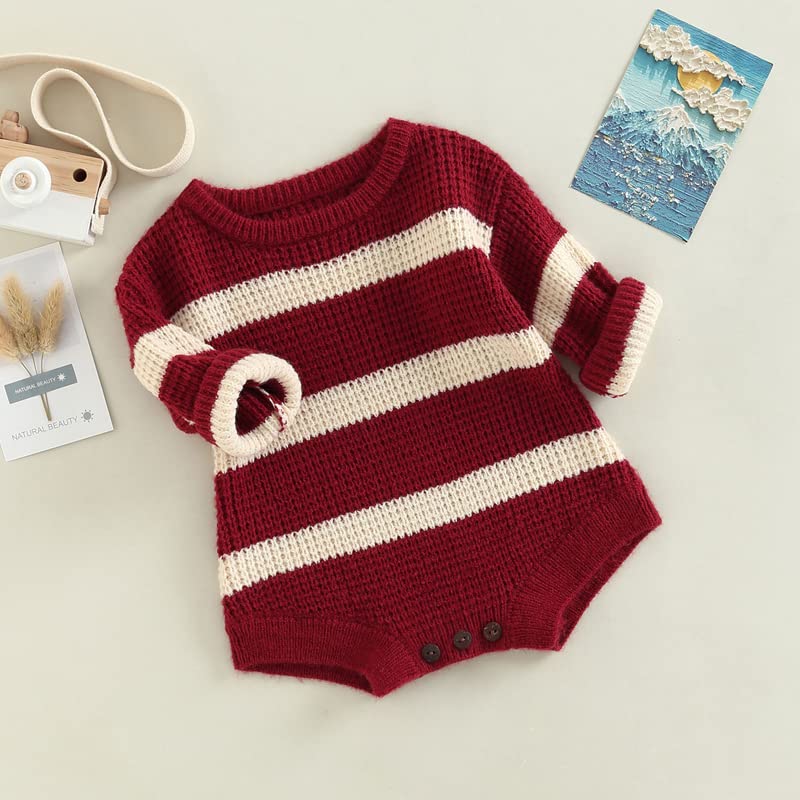 FYBITBO Baby Girl Boy Knit Romper Sweater Stripe Oversized Pullover Sweatshirt Onesie Warm Fall Winter Clothes Outfit (Wine Red Stripe,6-12 Months)