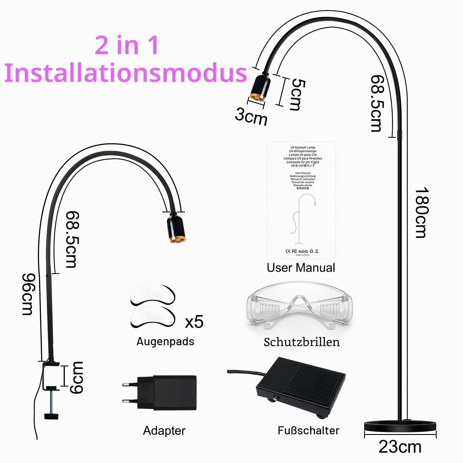 Diesisa 2-in-1 UV Wimpern Lampe: 10W UV Lampe Wimpernverlängerung - 360° verstellbare Schwanenhals - 2–3 Sekunden Aushärtung - UV-LED-Lampe mit Fußpedal für Wimpernverlängerungen und Gelnägel