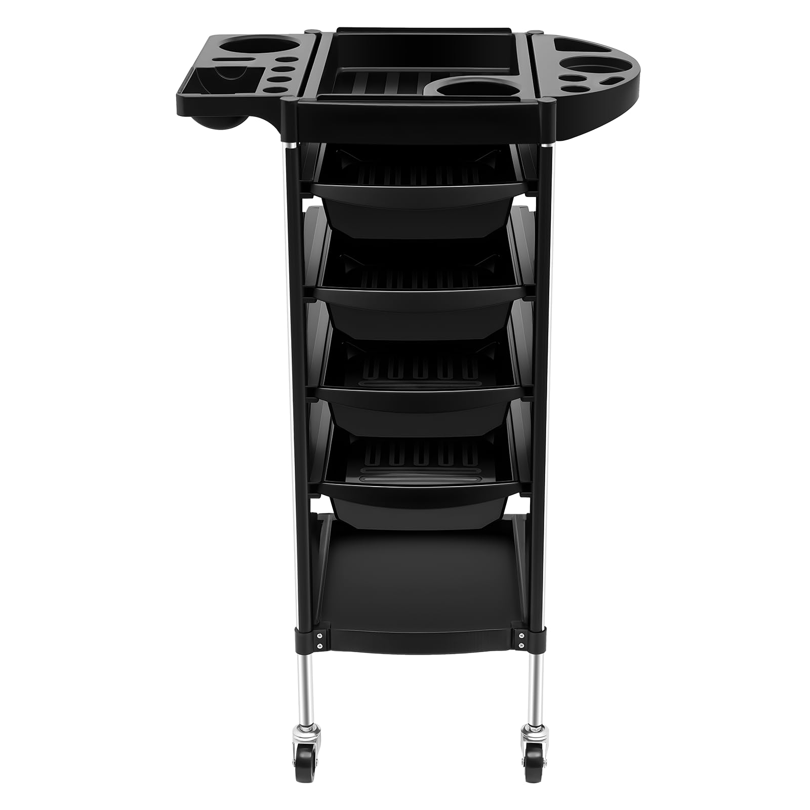 Carrito de peluquería con 4 cajones y 2 estantes, carrito de trabajo con ruedas, carrito de polipropileno con parte superior plegable, capacidad de carga 30-50 kg, para peluquería, salón de belleza y