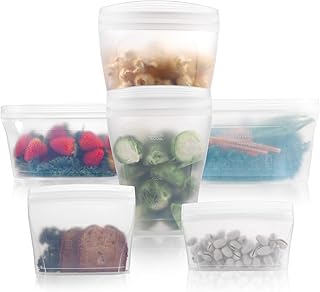 Reusable food container silicone bag, Full Set 6, 2 Cups, 2 Dishes, 2 Bags Zip Containers Storage, 100% Silicone Reusable Food Bag, Stand Up Preservation Bag, Rounded interior for easy cleaning.