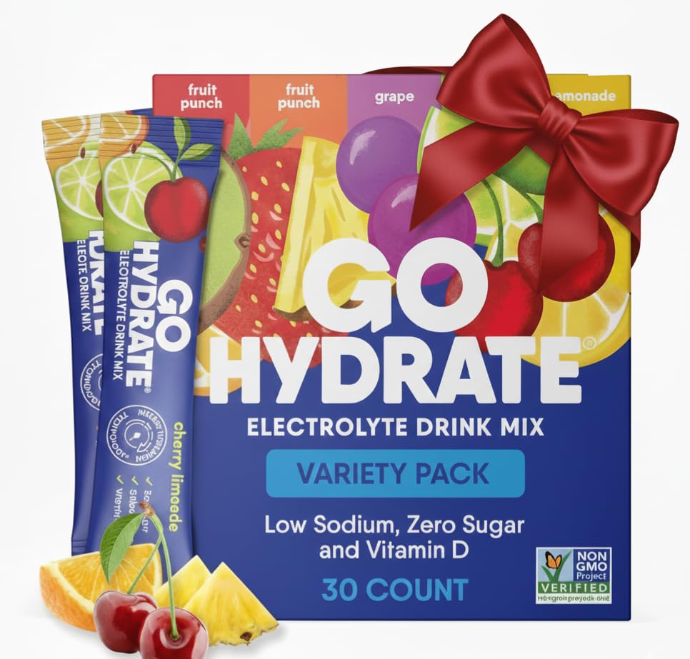 GoHydrate Low Sodium Electrolytes Powder Packets Sugar Free - Instant Hydration Daily Drink Mix - Zero Sugar Water Flavor Packet Singles with Vitamin D - (Variety Pack, 30 Packs)