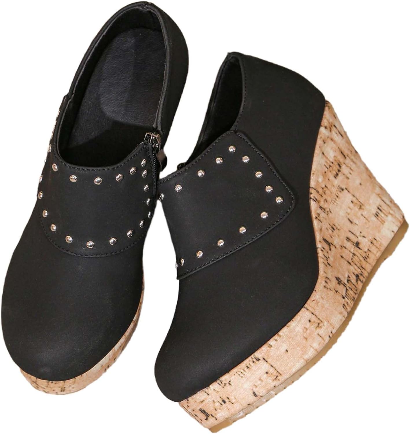 Wedge Heels for Women Closed Toe Wedges Side Zipper Studded Platform Wedge Booties Short Ankle Boots with Studs Dressy Casual