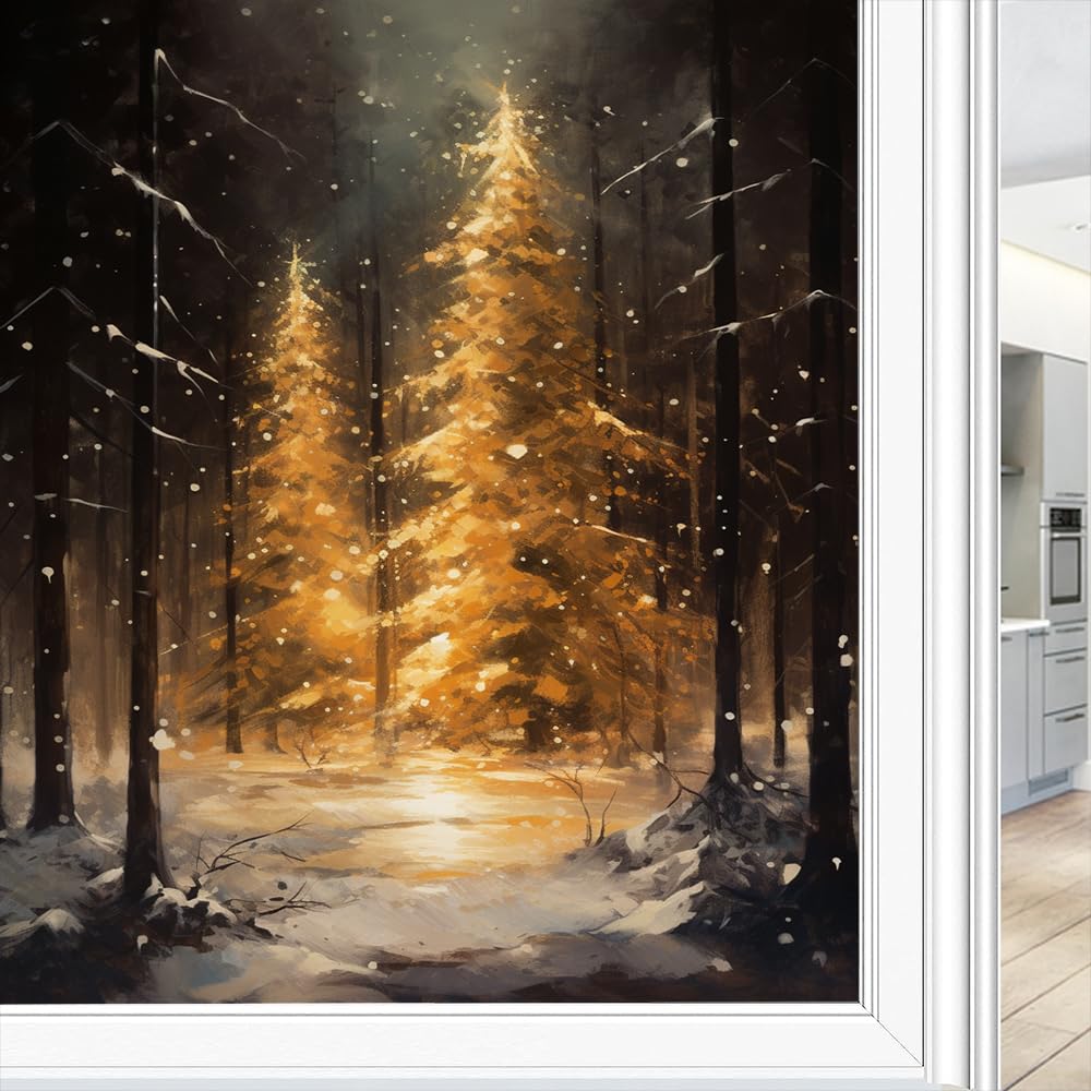 Modern Abstract Tree Window Film Privacy Colorful Christmas Tree Beautiful Snow Decorative Stained Static Cling Window Sticker for Home, 60x90 cm