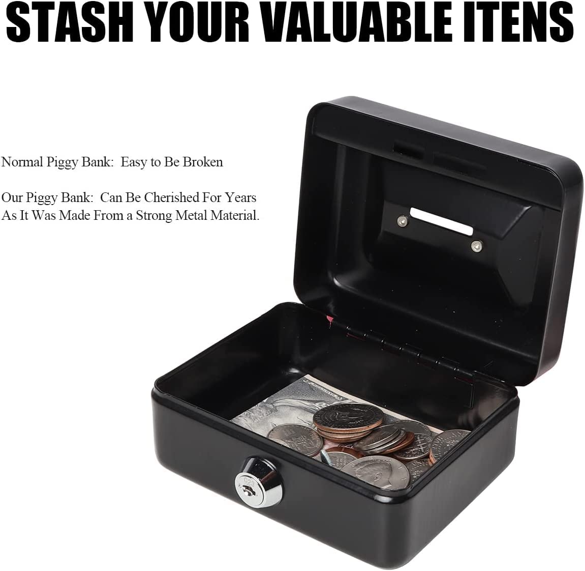 Ostin Small Cash Box with Key Lock and Coin Try, Portable Cash Box Tin Steel Money Safe Box, Pocket Money Box,Mini Metal Cash Box, Cash Box with Money Tray, Money Coin Slot (Black) 2
