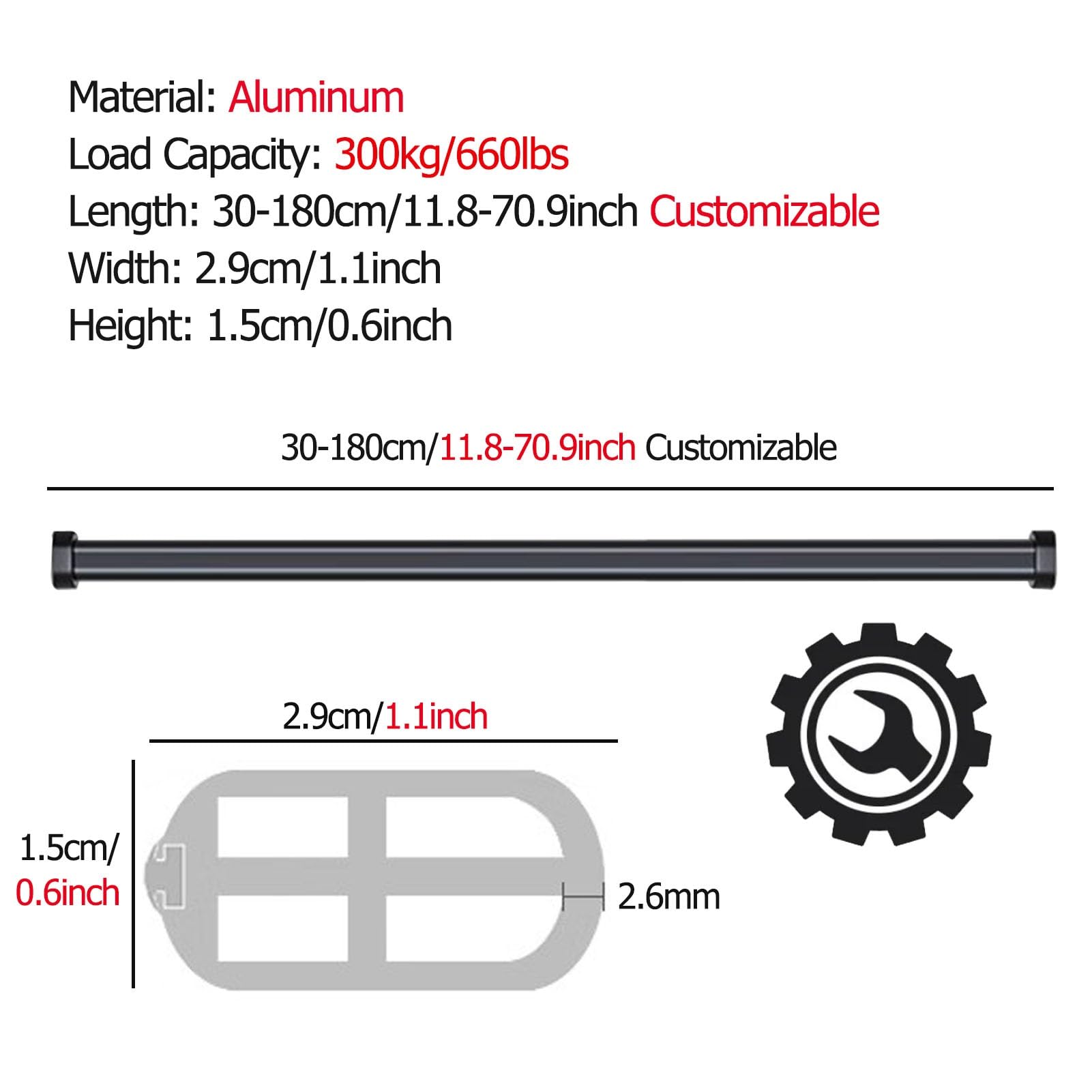 Tiges de suspension réglables en aluminium pour organisation de placard avec système de séparation de pièce, capacité de 300 kg