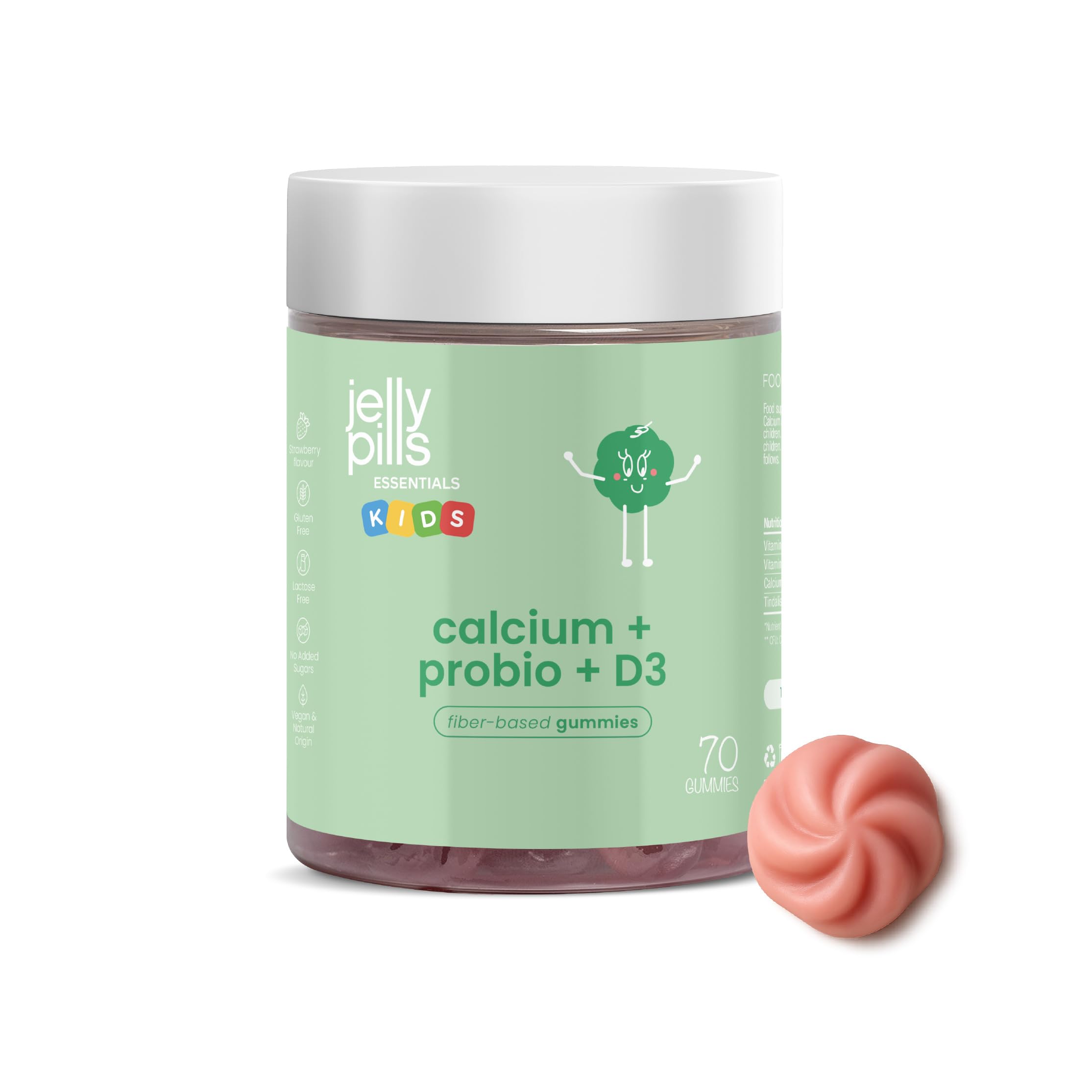 Jelly Pills Gummies calcium enfants + vitamine D3 et K2 + probiotiques - 70 gummies véganes pour 2 mois - sans sucres ajoutés - goût fraise naturel - pour la croissance et les os