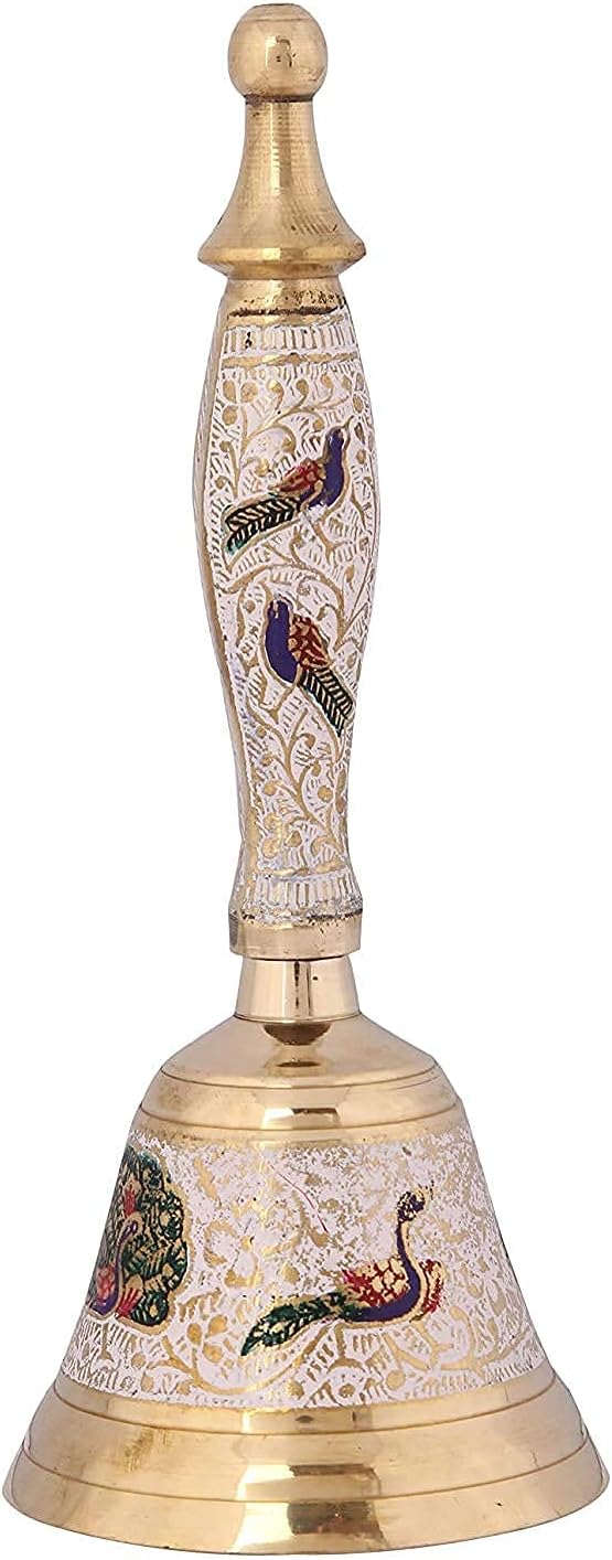 Brass Puja Bell for Home Mandir - Colorful Jingle Bell for Christmas/Hindu Festivals | Engraved Meenakari Work - 7" inch Tall Pooja Decorative Items