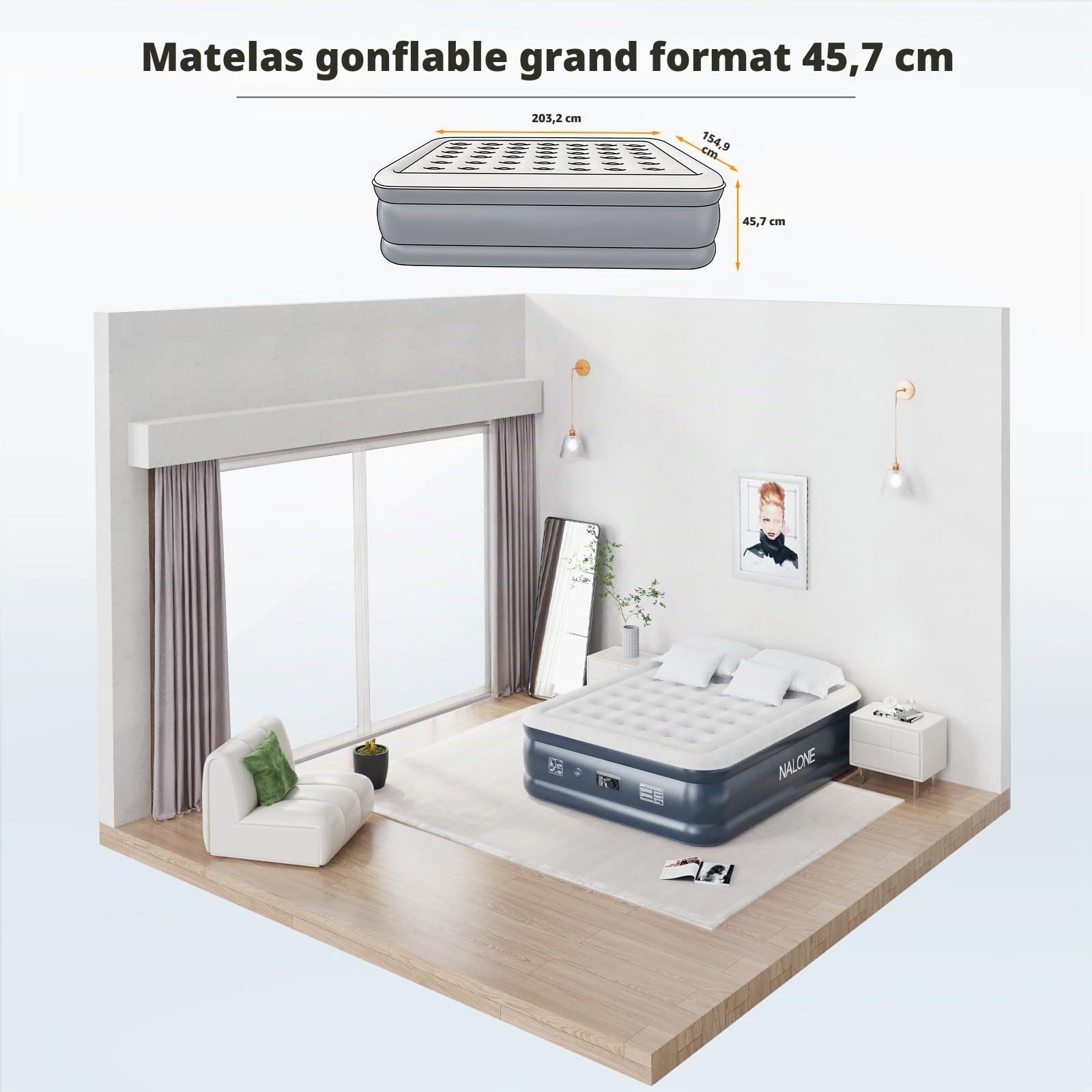 NALONE Matelas Gonflable 2 Personnes,lit Gonflable,Matelas Gonflable 2 Personnes Electrique Gonflage Rapide en Trois Minutes,Durable,pour Usage Domestique et recevoir des invités,201x150x46CM