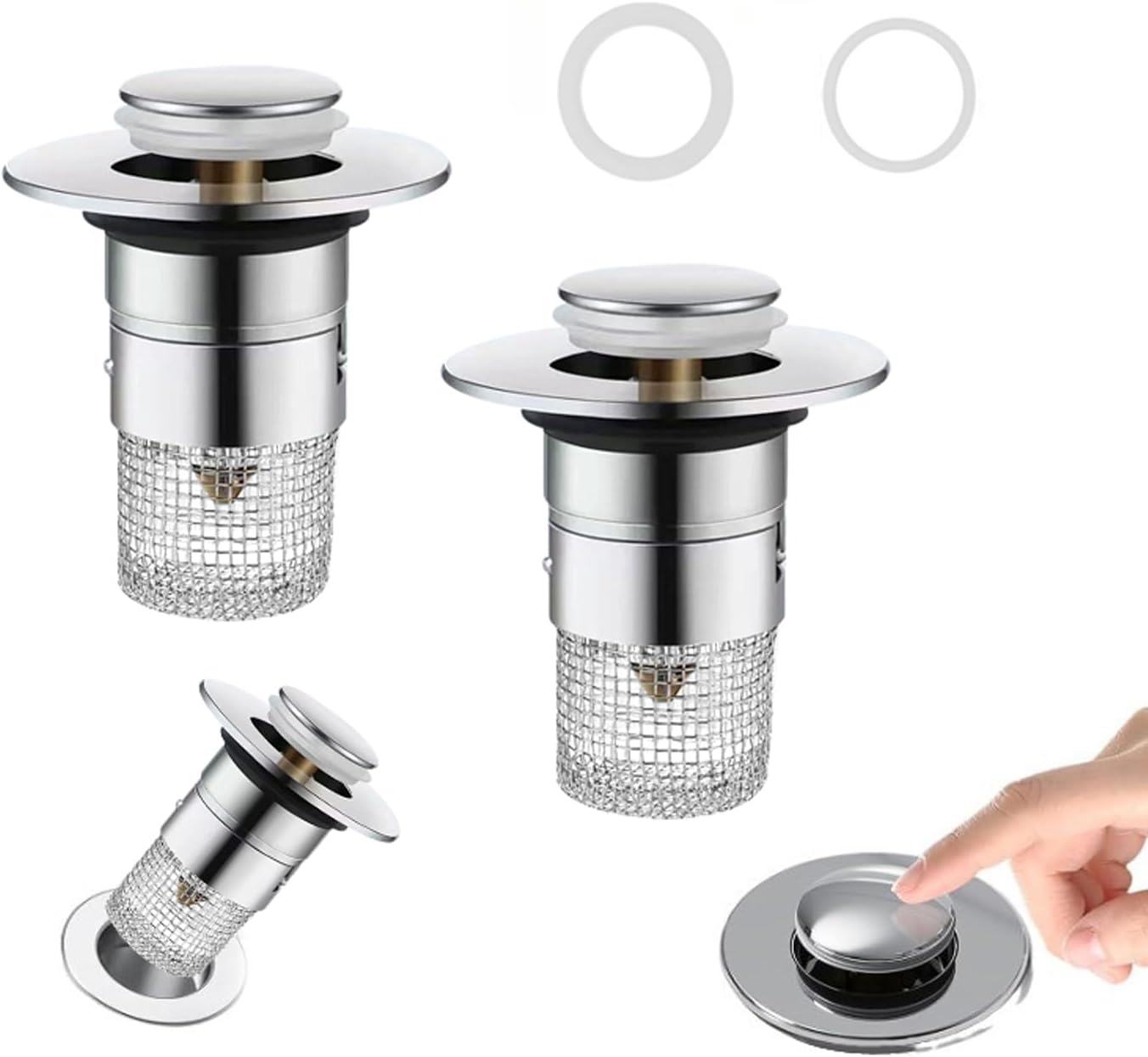 Bathroom Sink Drain Strainer, Pop Up Sink Drain Strainer with Removable Stainless Steel Filter Basket Hair Catcher, Universal Drain Plug for Bathroom Sink Stopper Replacement (2 pcs)