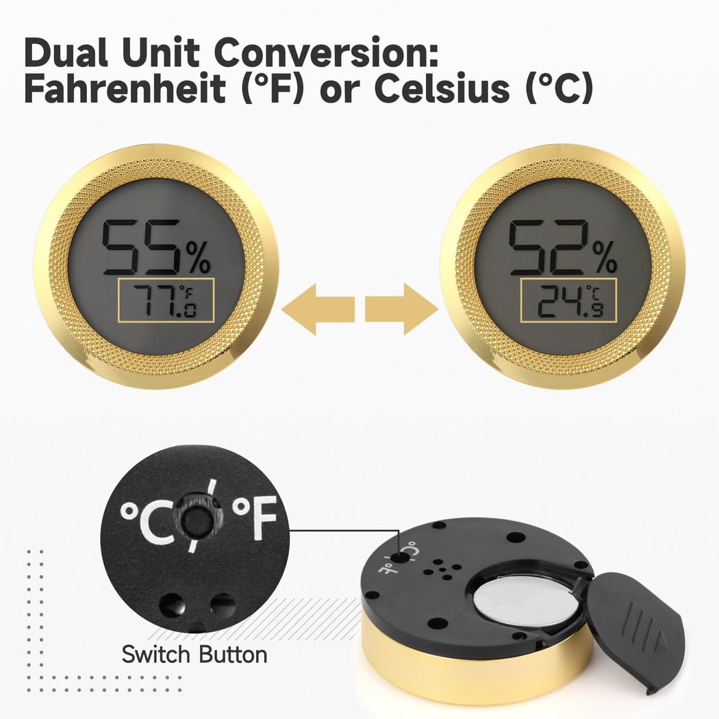 Digitales Hygrometer und Thermometer, Metallanzeige für Humidor-Schrank, Feuchtigkeits- und Temperaturmesser für den Haushalt, mit Fahrenheit (℉) und Celsius (℃) Anzeige, kompakt und gut ablesbar
