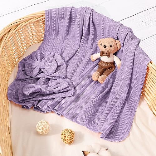 Image of DRESHOW BQUBO Newborn Receiving Blanket Toddler Warm for Girls with Bow Hat and Bow Headband Shower Gift