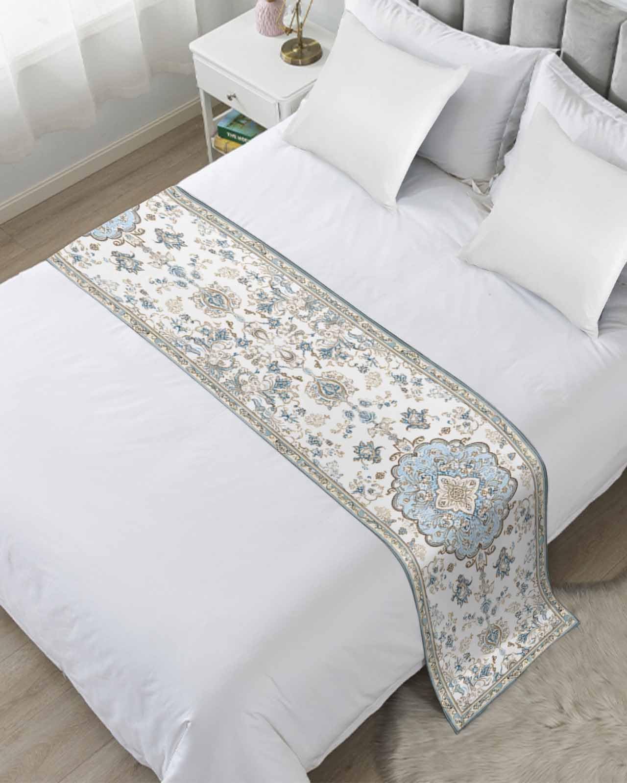 DecorLovee Blue Boho Bed Runners for Queen Size Bed, Decorative Bed Throws for Foot of Bed, Luxury Ethnic Traditional Floral Pattern Bed Runner Sofa Throw Bedding Scarf Protector Slipcover for Bedroom