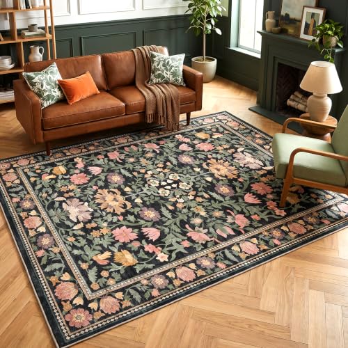 Cnythlis 6'x9' Vintage Floral Washable Area Rug Charcoal Green