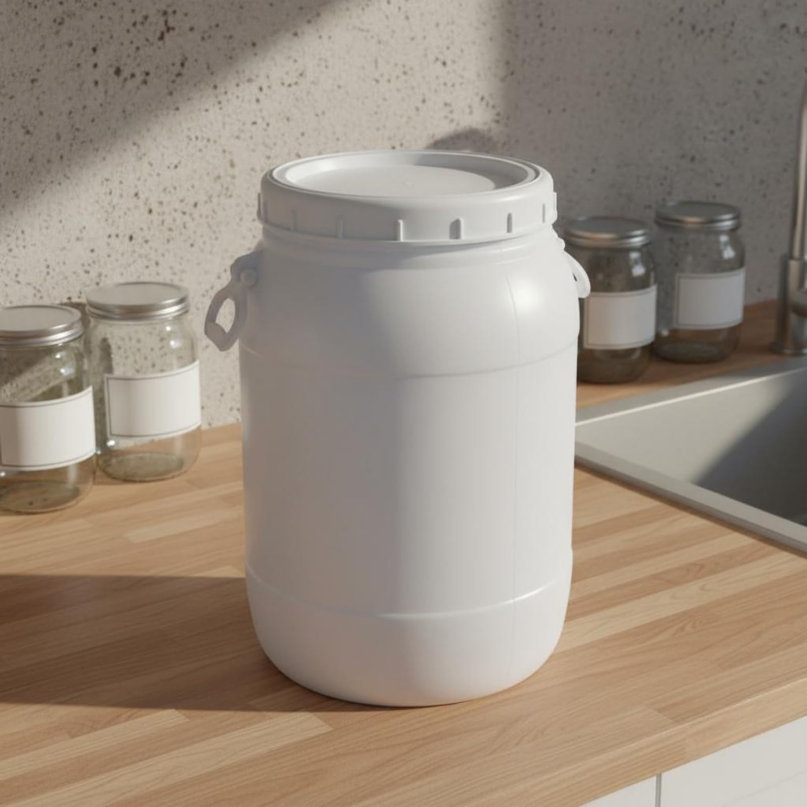 Großvolumen Behälter Lager Aufbewahrungstonne Vorratsbehälter mit HDPE Und Auslaufsicher für Vorratshaltung Notfallvorräte, Weiß, 50 Liter