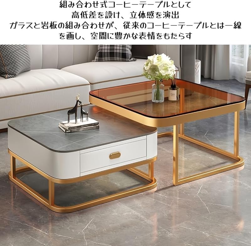 2 点セット 70 グレーガラス + 60 ホワイト岩板 黒フレーム白引き出し 【キャビネットファッションデスクベッドルーム】 大理石風天