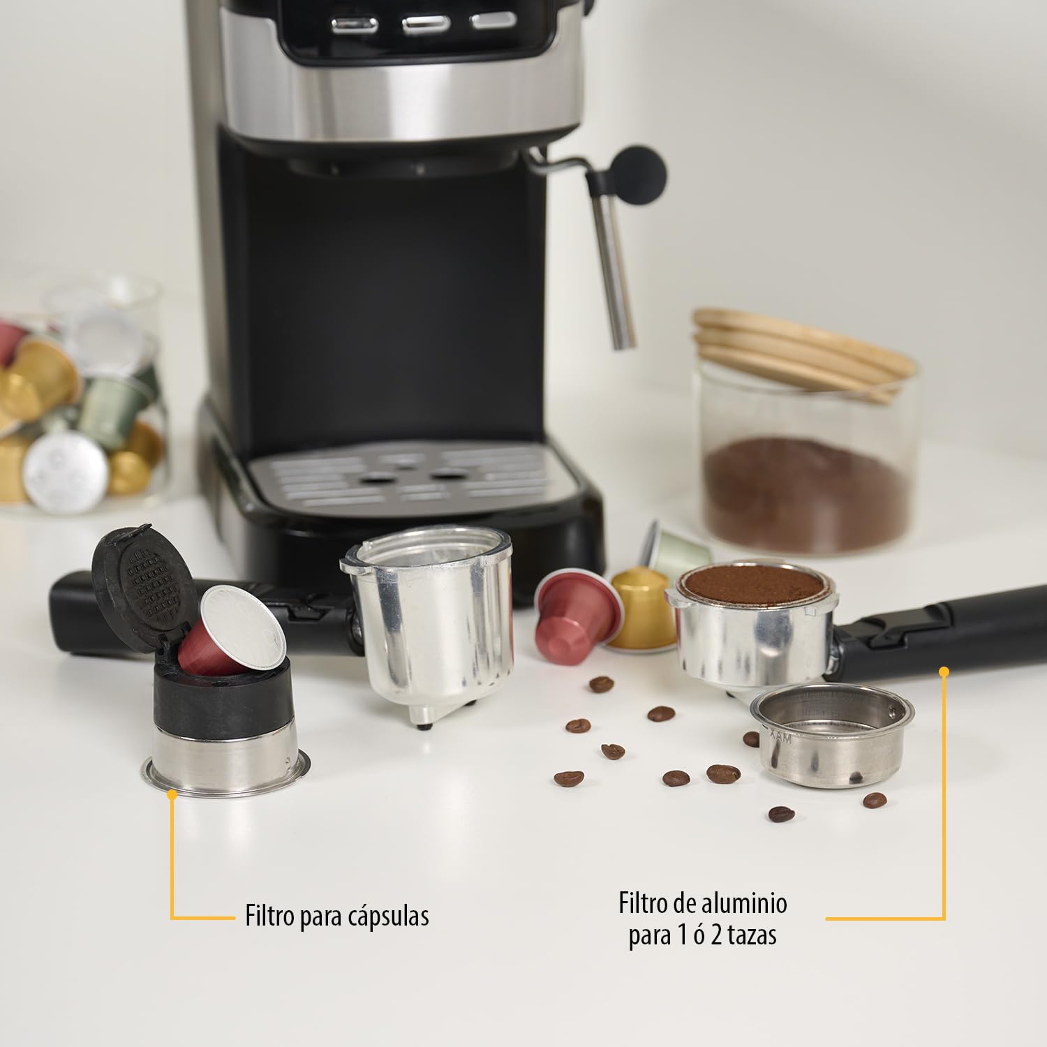 Tristar Máquina de Espresso 2 tazas a la vez | Apta para cápsulas de Nespresso y café molido | Calienta tazas | Apto para lavavajillas | 20 bares | 1100 W | CM-2278