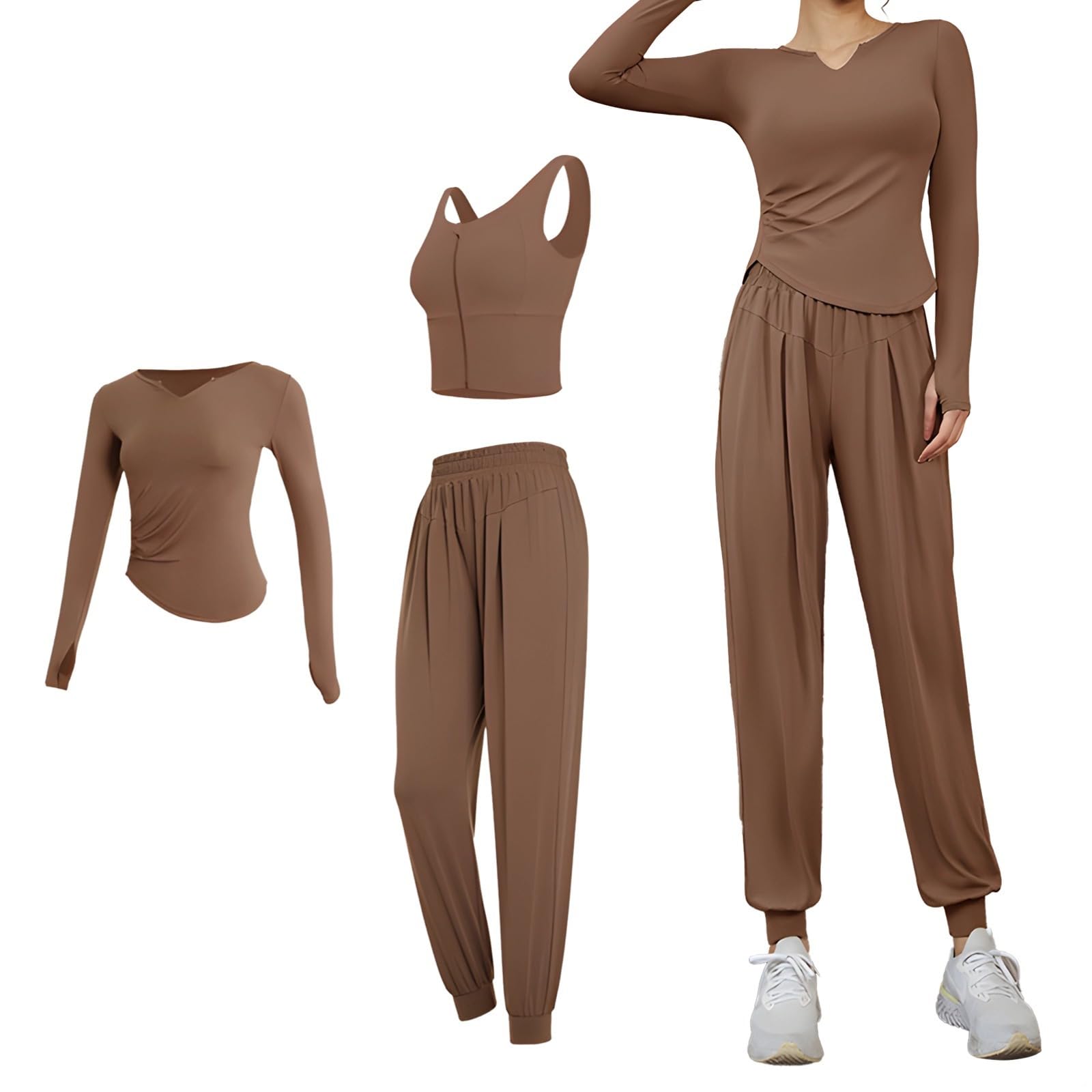 Xxl - Conjunto de yoga de 3 piezas para mujer, incluye chaqueta con cremallera, ombliguera, pantalones de cintura alta, tela transpirable para ropa deportiva, marrón, Talla única