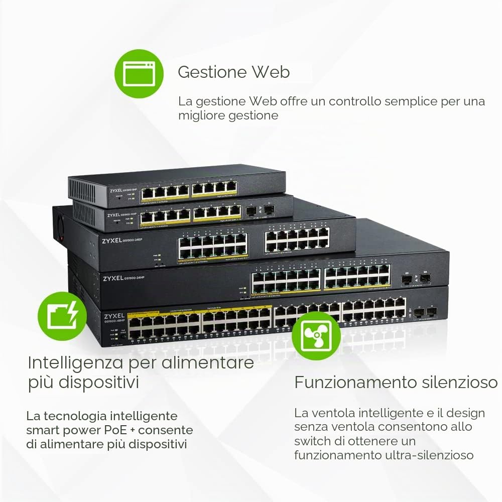 Zyxel GS1900-24, Switch di rete Smart, 24 Porte Gigabit, 2 Porte SFP, Design senza ventole, 440 x 131 x 44 cm