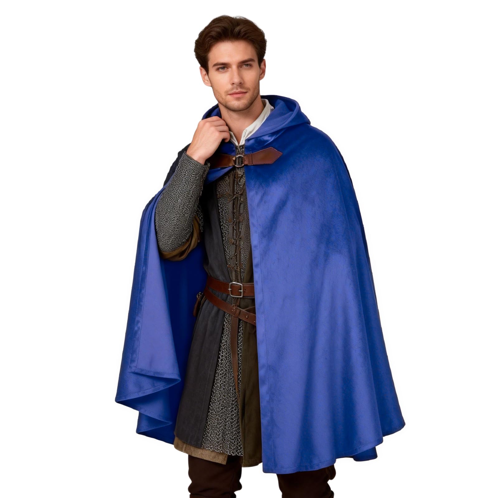 HAPNBCELE Adults Medieval Cloak with Hood, Renaissance Cape Costume Halloween Wizard Cosplay LARP Renaissance Fair RPG Party (Royalblue, 31.5“/80cm) — image 1
