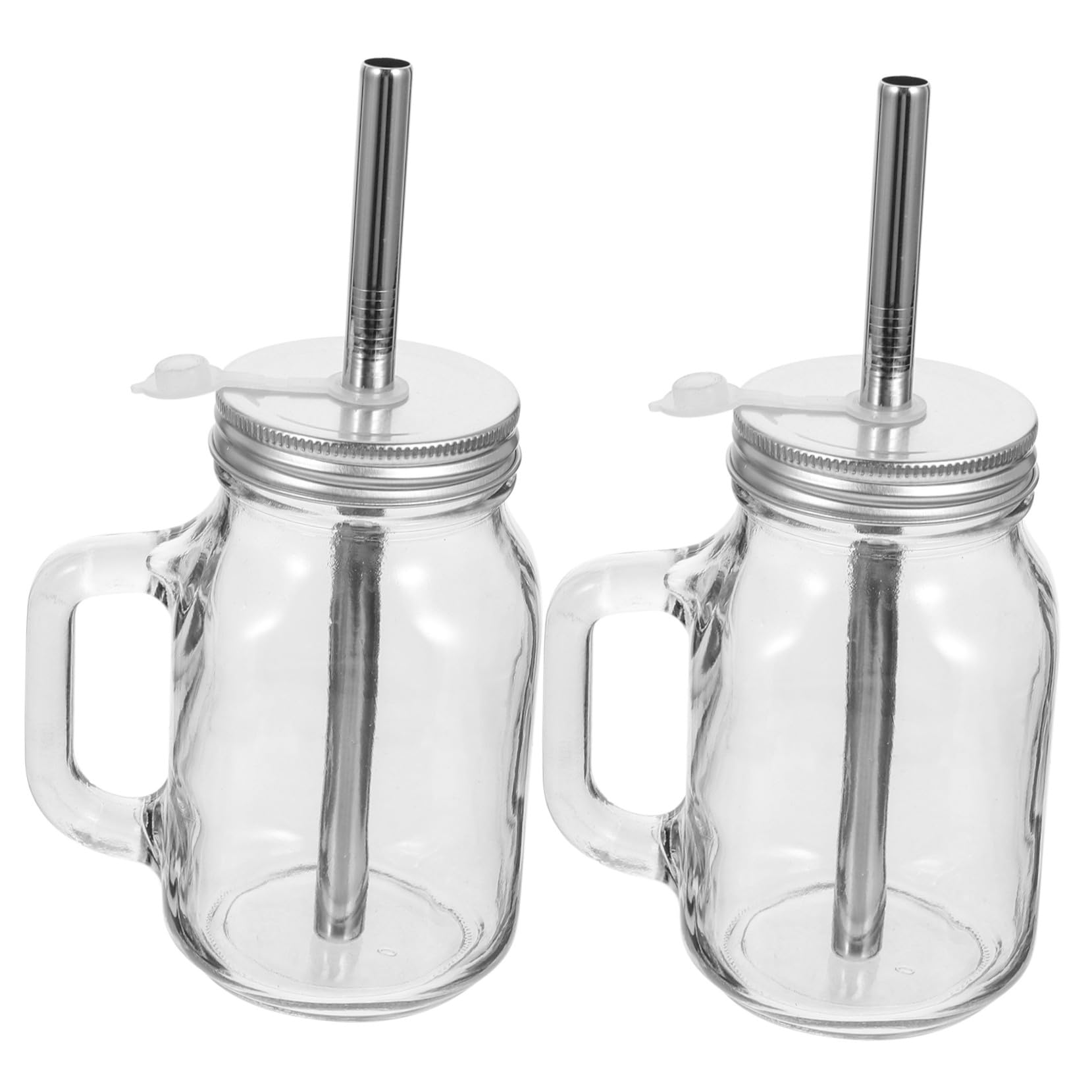 Uonlytech Vasos de Vidrio Capacidad 650ml Juego de 2 con Pajita y Tapa para Almacenar Jugo y Yogur, Diseño de Fondo Plano y Acero Inoxidable