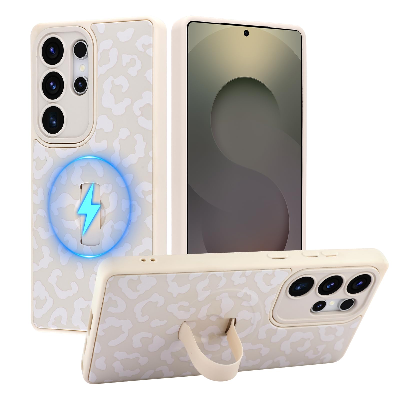 Magnetic Designed for Samsung Galaxy S25 Ultra Case, White | with Finger Strap, Compatible with Magsafe, Cheetah Print Pattern Women Girls, Slim Shockproof Soft TPU Phone Case 6.9 Inch