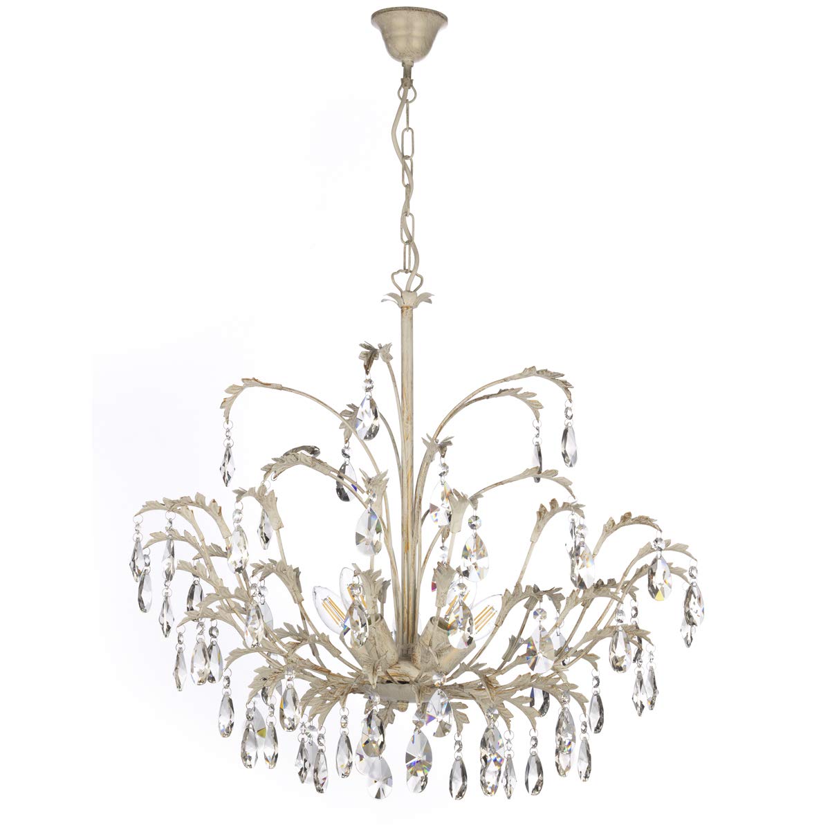 Onli U2013 Lustre 5 Lumières E14 Série Petunia. Structure En Métal Ivoire Clair Spennellato Or Avec Abat-jours En Verre Blanc Mat En Forme De Fleur. Style Classique, Rustique, Traditionnelle