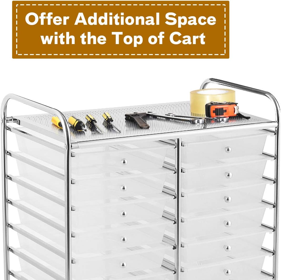 Clear 20-Drawer Rolling Organizer Cart with Chrome Frame
