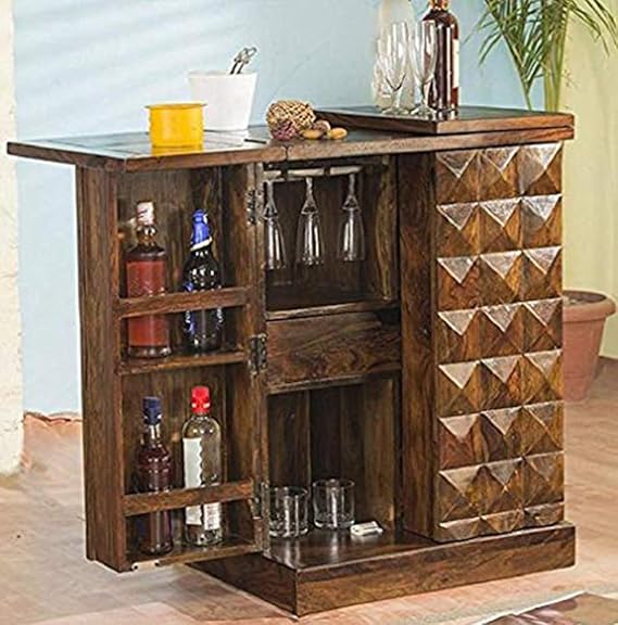 Craftswood Sheesham Wood Bar Cabinet with Wine Glass Storage Natural (Brown Finish)