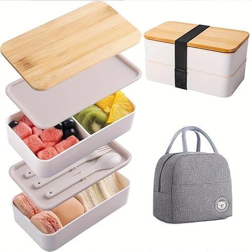 Boîte à bento empilable pour adultes – Boîte à déjeuner à 2 compartiments avec ensemble d'ustensiles – Récipient de préparation des repas sans BPA, étanche pour homme et femme – Passe au micro-ondes