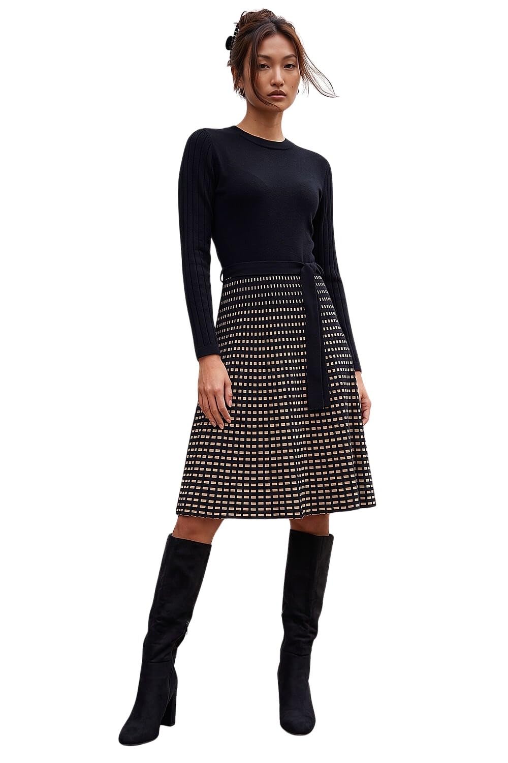 Roman Originals Women's Black Grey Chevron Print Belted Jumper Dress For Uk - Everyday Autumn Winter Round Neckline Comfy Soft Evening Vacation Work Party Night Out - Size 12
