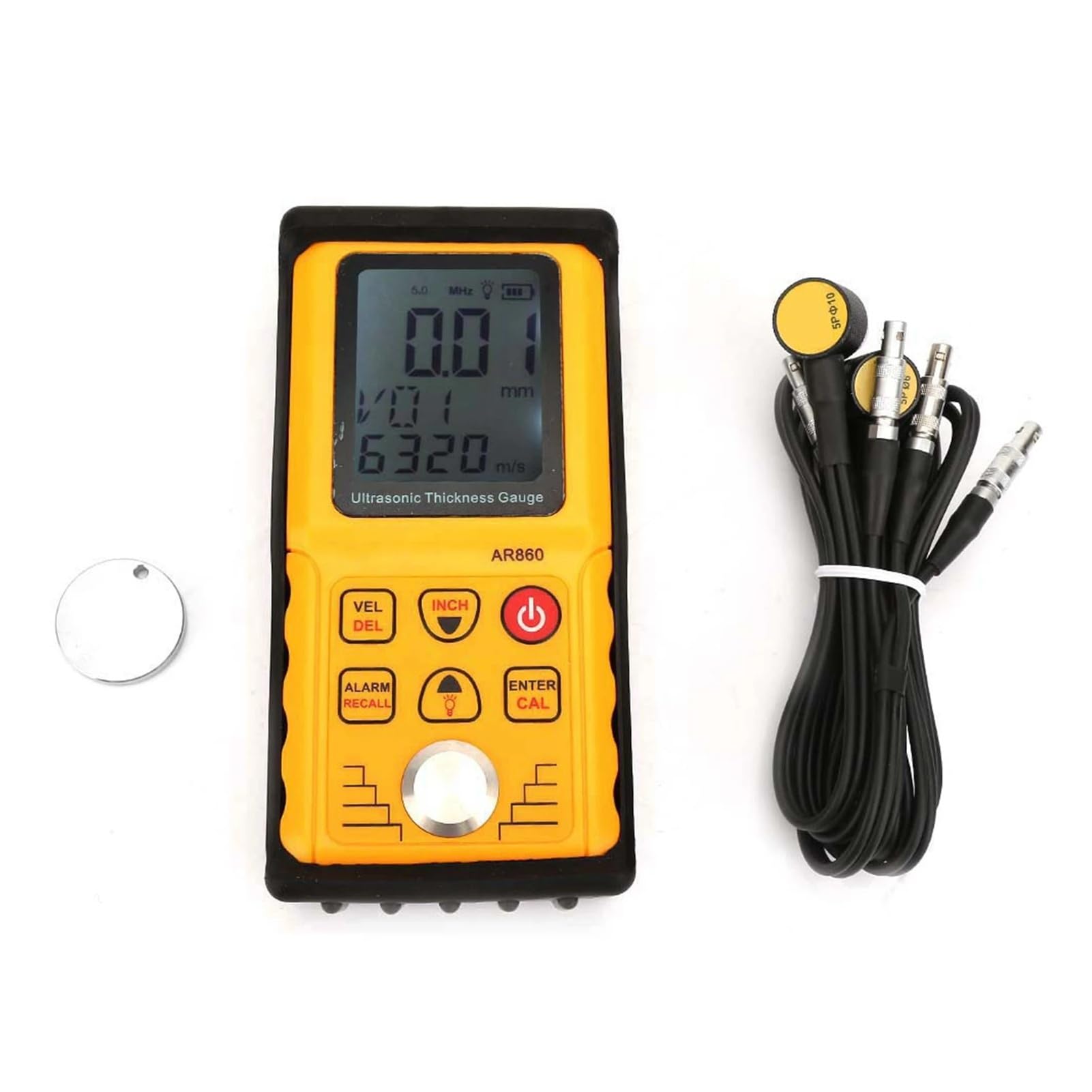 Medidor de espesor ultrasónico digital con rango de medición de 1,0 a 300,0 mm (acero) y velocidad del sonido. Para una variedad de materiales