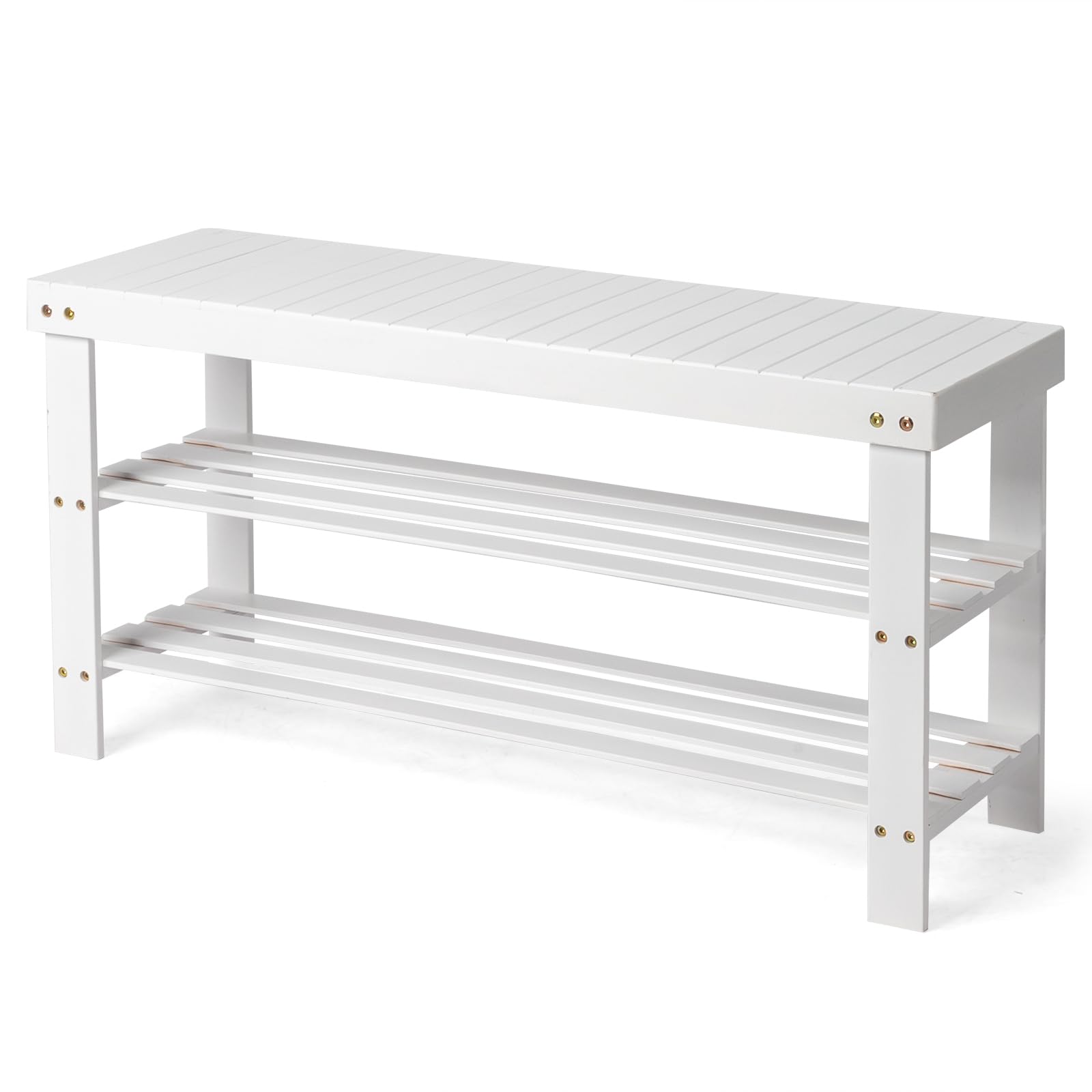 Vasitelan Bamboo Shoe Rack Bench, 3 Tier Sturdy Shoe Bench, Storage Shoe Organizer Rack for Entryway Bedroom Living Room Balcony (White)