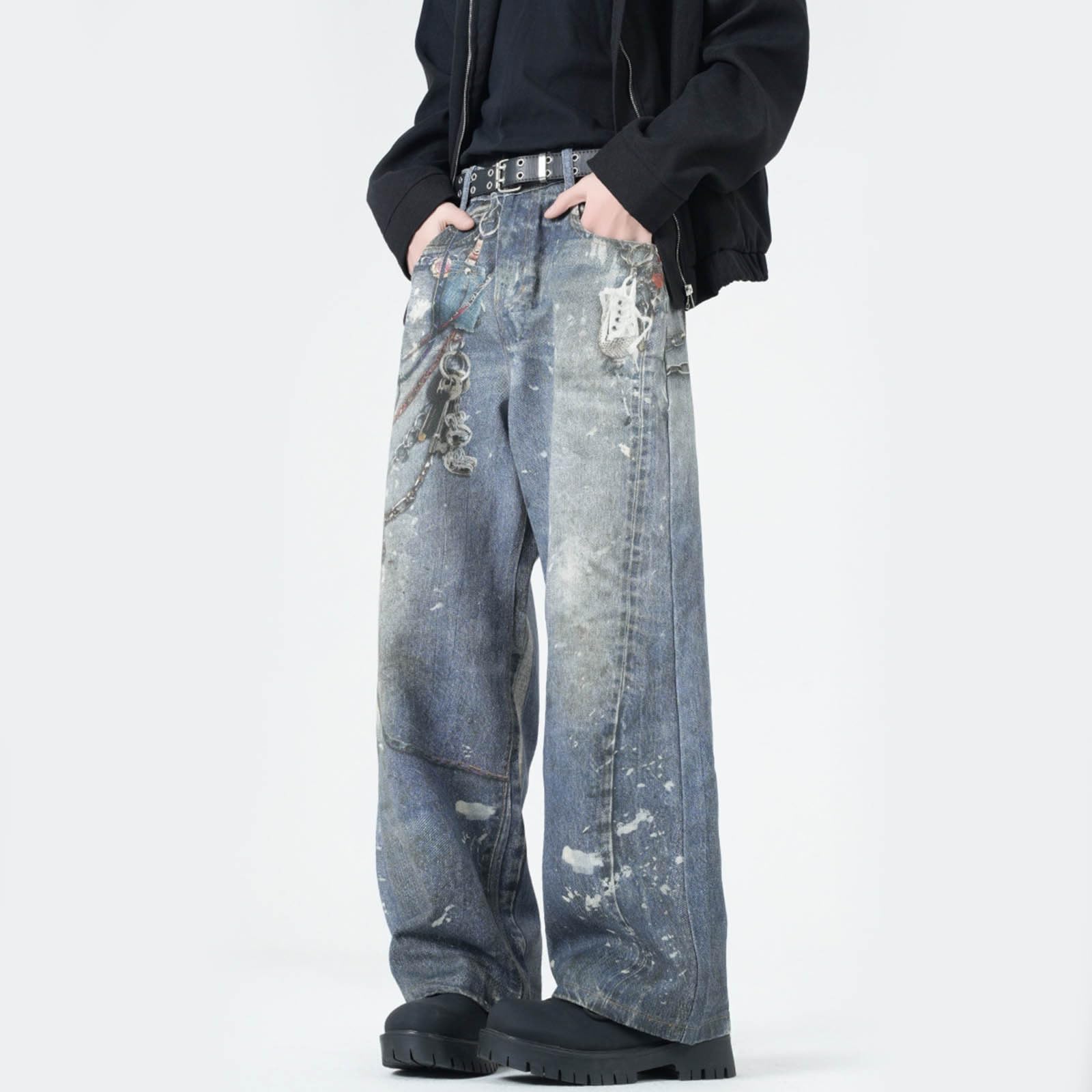 Generico Jeans Uomo Baggy Balloon Moto Strappati Fit Slim Pantaloni Flared Loose Elefante Larghi Invernali Jins Y2K Salopette Zampa Bootcut