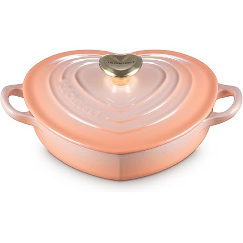 Le Creuset Enameled Cast Iron Traditional Shallow Heart Cocotte, 1.25 Qt., Peche Light Gold Heart Knob