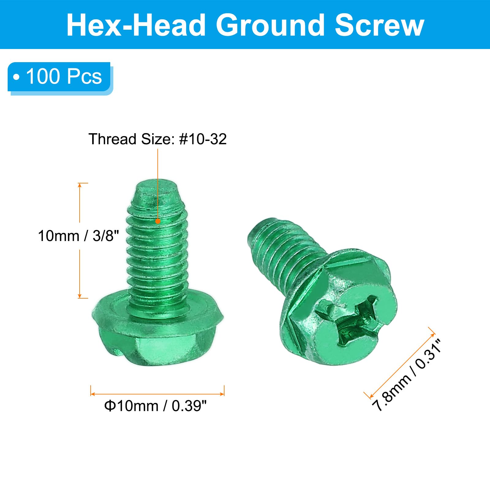 PATIKIL 10-32 x 3/8 Inch Hex Washer Head Grounding Screws - Image 2