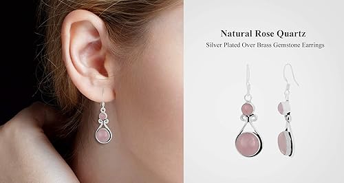 Miniatura 4 de Round Shape Natural Gemstones Dangle Earrings for Women - 925 Sterling Silver Plated Dangle & Drop Handmade Jewelry Earrings - Gifts for Wedding,