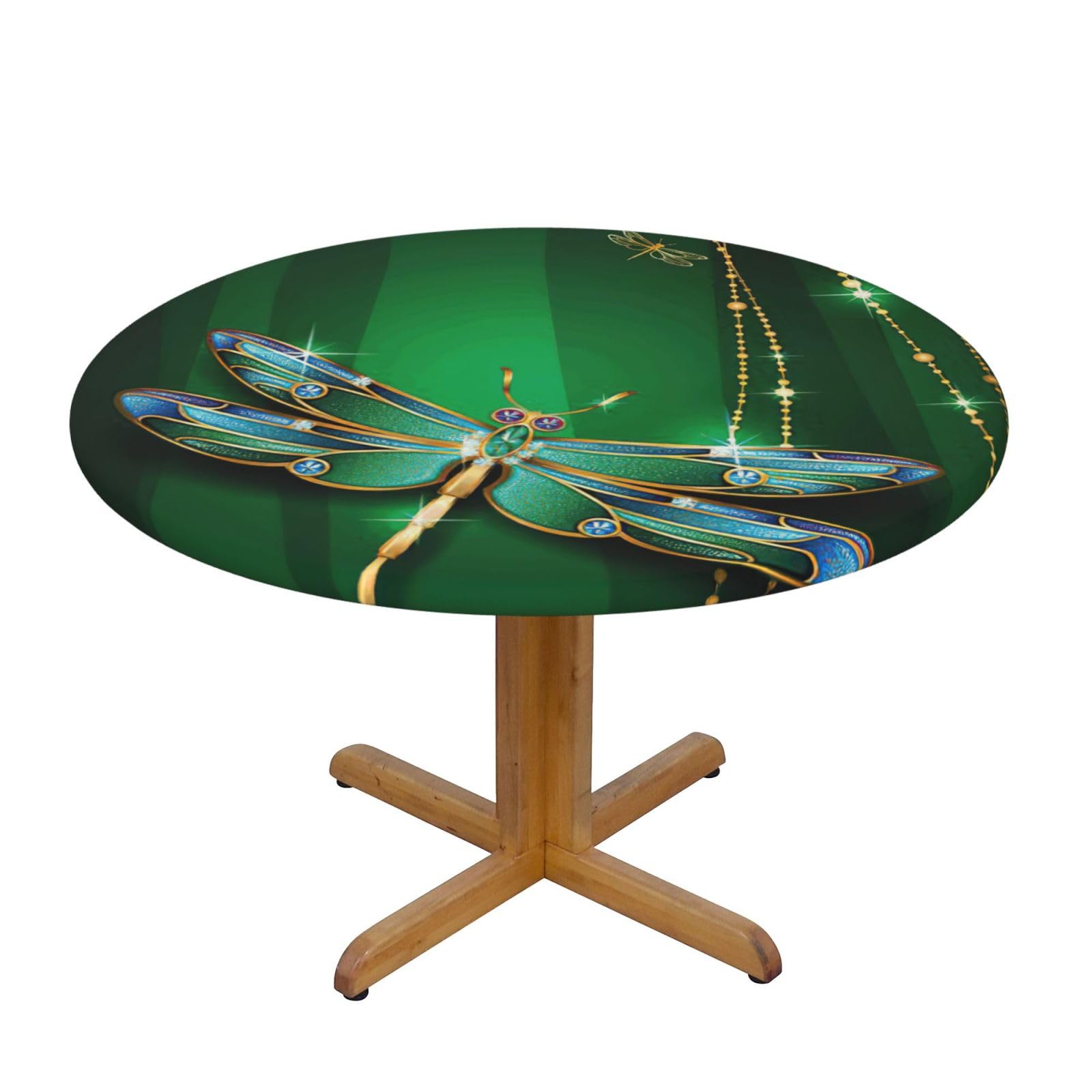 DUWAA Jewel Dragonfly Print Oxford Fitted Table Cover For Patio Picnic, Waterproof Round Tablecloth For Home And Outdoor