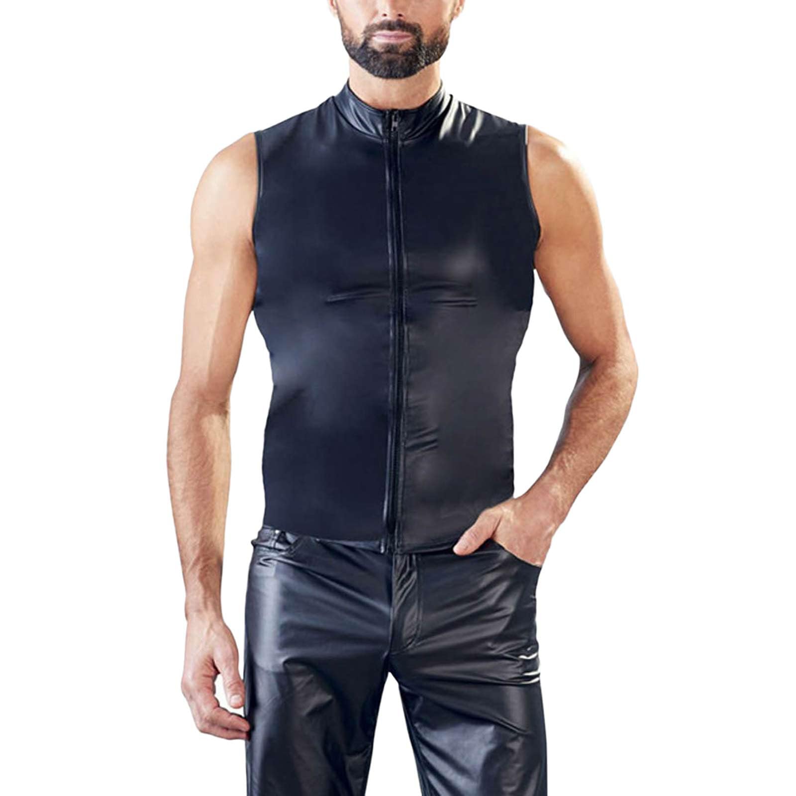 2026 Modisches lässiges ärmelloses Lack-Oberteil mit Reißverschluss für Herren aufregende Nächte stilvolle Partys Sexy Dessous(Schwarz,XL)