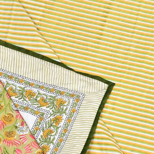 Image of BLOCKS OF INDIA 100% Cotton Dohar King Size Reversible Hand Block Printed Malmal Summer Dohar /Blanket (Green GAD BUTI)